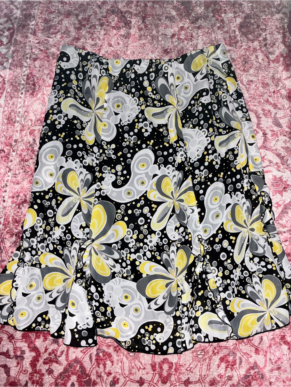 Cato Black Floral Circle Skirt with Yellow & Gray Accents